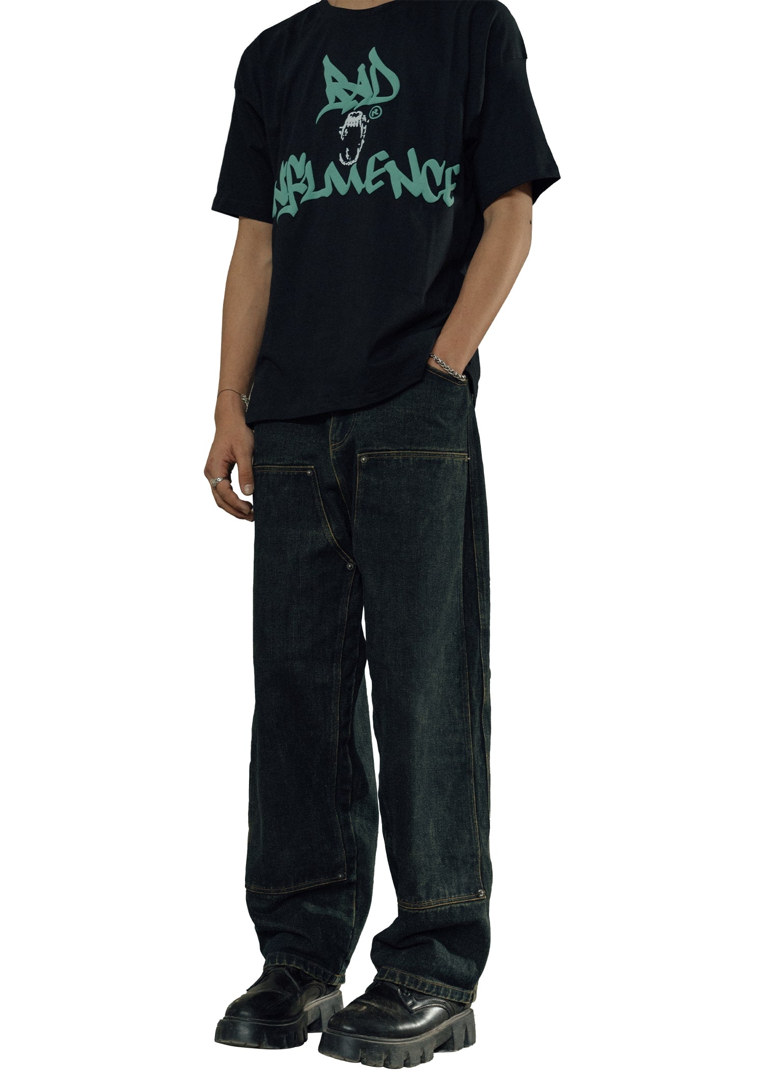 Double Knee Straight Fit Jeans - Faded Black