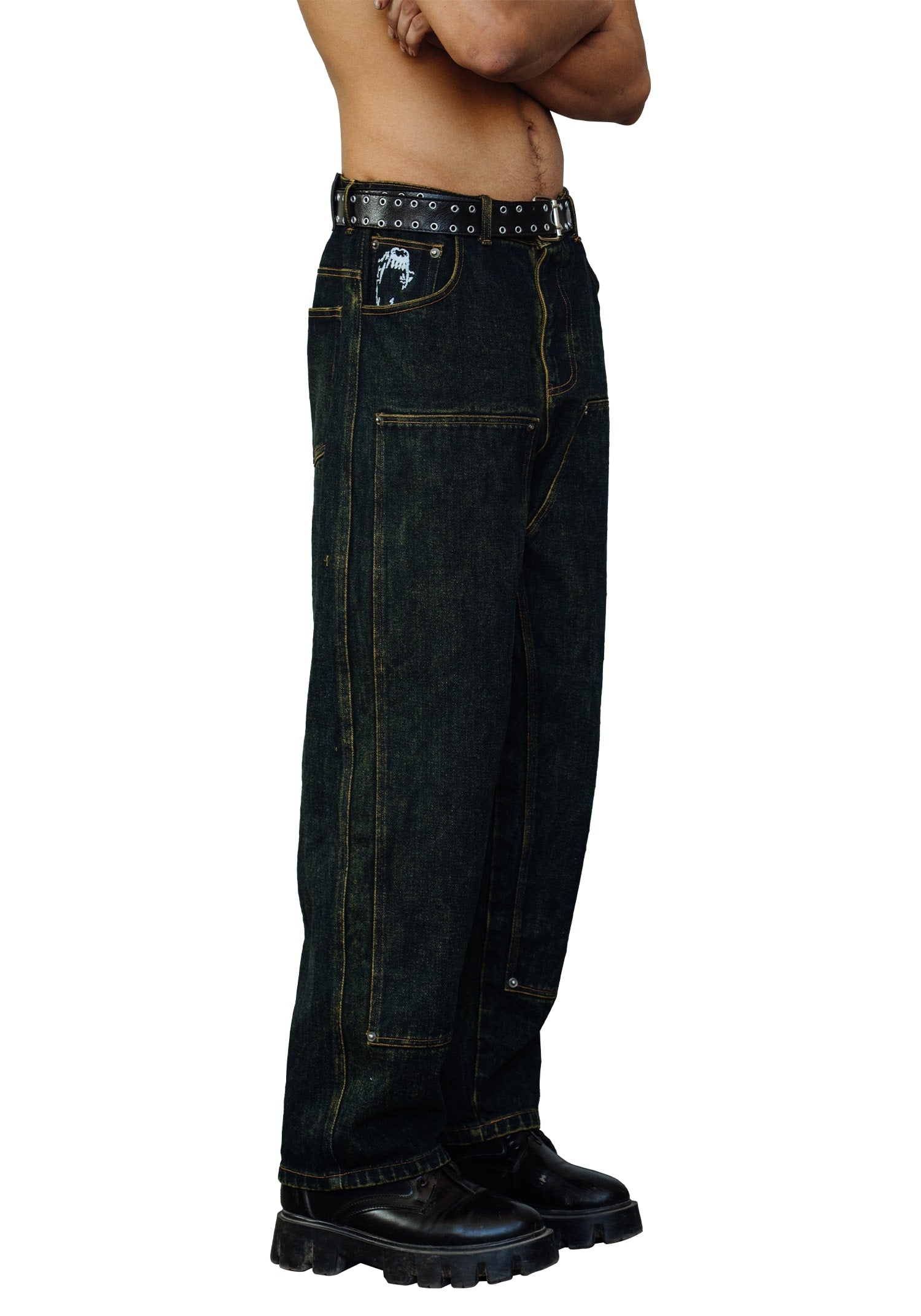 Double Knee Straight Fit Jeans - Faded Black