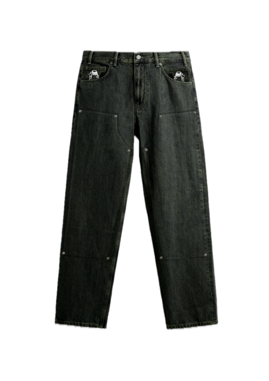 Double Knee Straight Fit Jeans -  Faded Black
