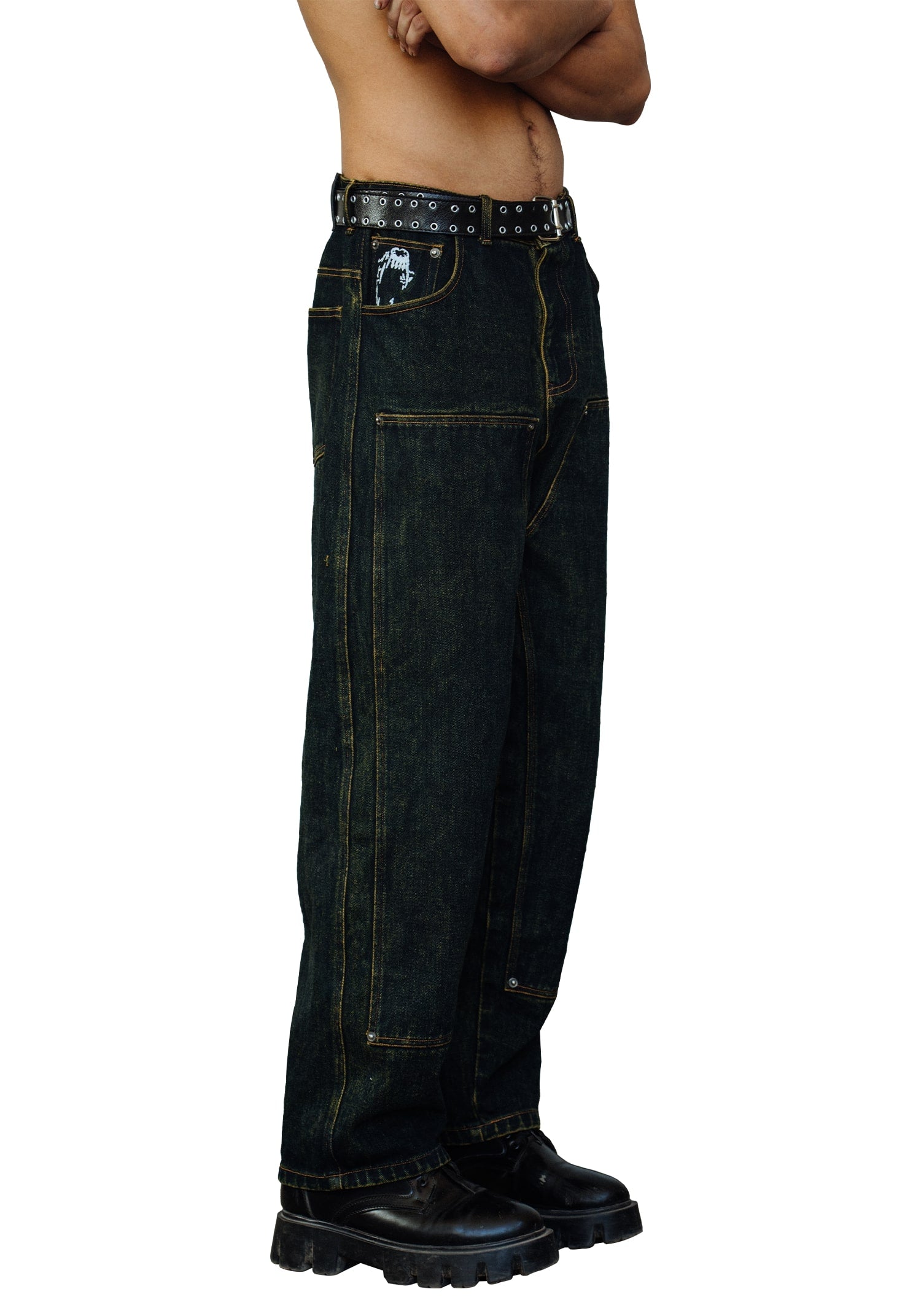 Double Knee Straight Fit Jeans -  Faded Black